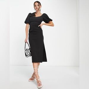 ASOS DESIGN puff sleeve midi dress with asymmetrical neck line in black Size 14